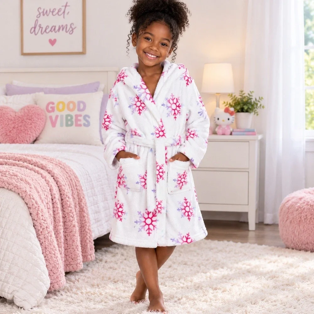 Cat & Jack Robe Girls Size M 7/8 White Pink Snowflake Hooded Fleece Plush Belted